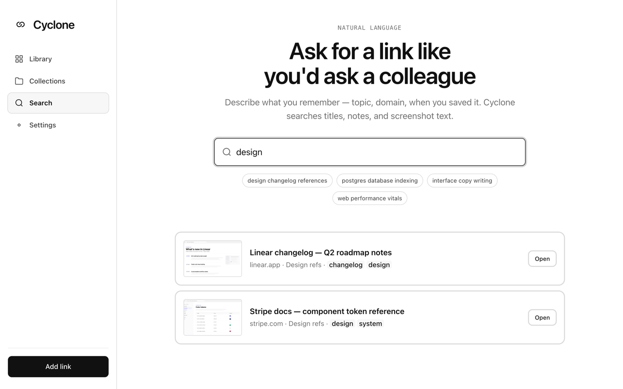 Cyclone natural-language search returning results with highlighted matching terms